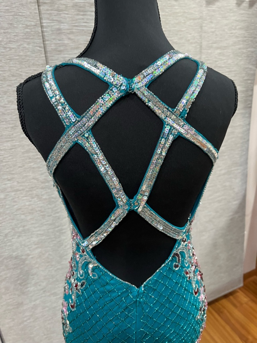 Prom Dress Teal Beaded V-Neck Evening Gown- Primavera Couture Style #3405 - Picture 7 of 7